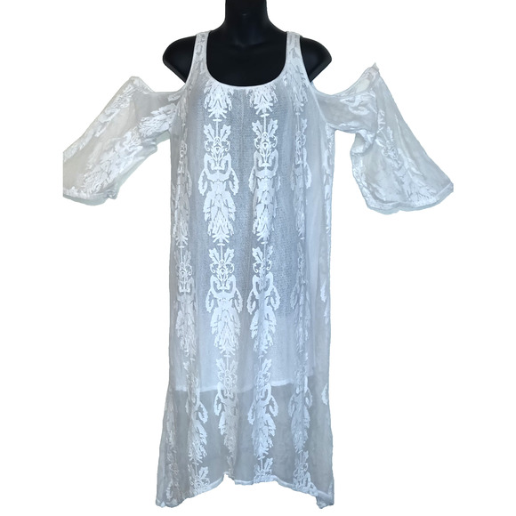 XCVI White Dress Sz L See-Thru Sheer Cold Shoulders Flared Sleeves Pull On Angel - Picture 1 of 14
